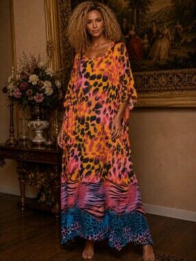 Tease Animal Print Caftan Maxi Dress One Size NWT Resort Glam